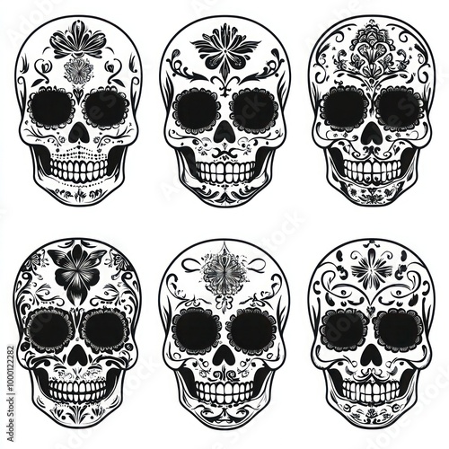 Day of the Dead Sugar Skulls Set - Vector Illustration on White Background for Dia de los Muertos