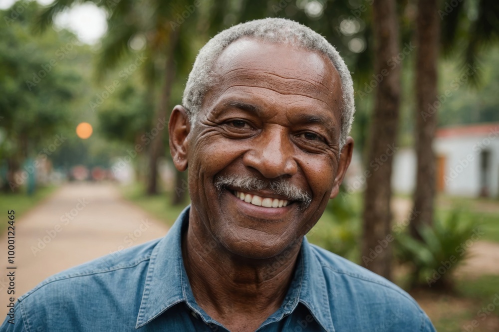 Close portrait of a smiling senior Belizean man looking at the camera, Belizean outdoors blurred background Close portrait of a smiling senior Belizean man looking at the camera, Belizean outdoors blurred background