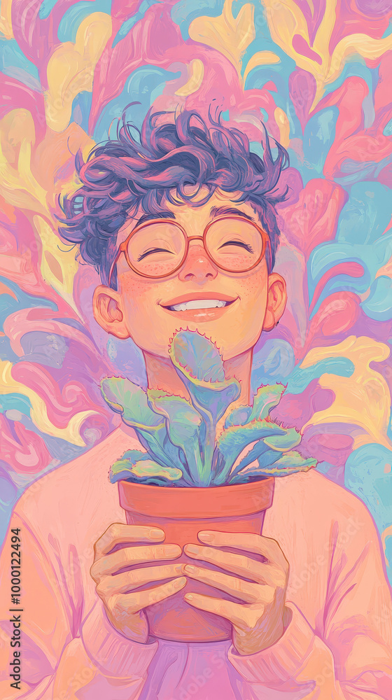 Joyful Non-Binary Character with Plant Illustration Joyful Non-Binary Character with Plant Illustration