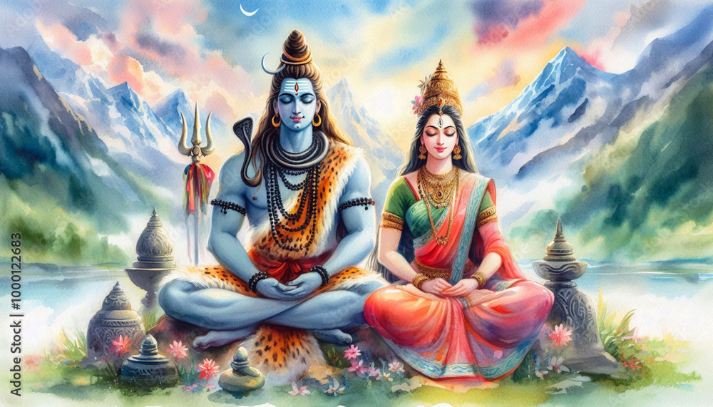 Obraz premium portrait of colorful watercolor Indian Hindu religious god Shiva or shiv with goddess Parvati meditating on Mount Kailash in the Himalayas ,for religious, Hindu festival Maha Shivratri concept