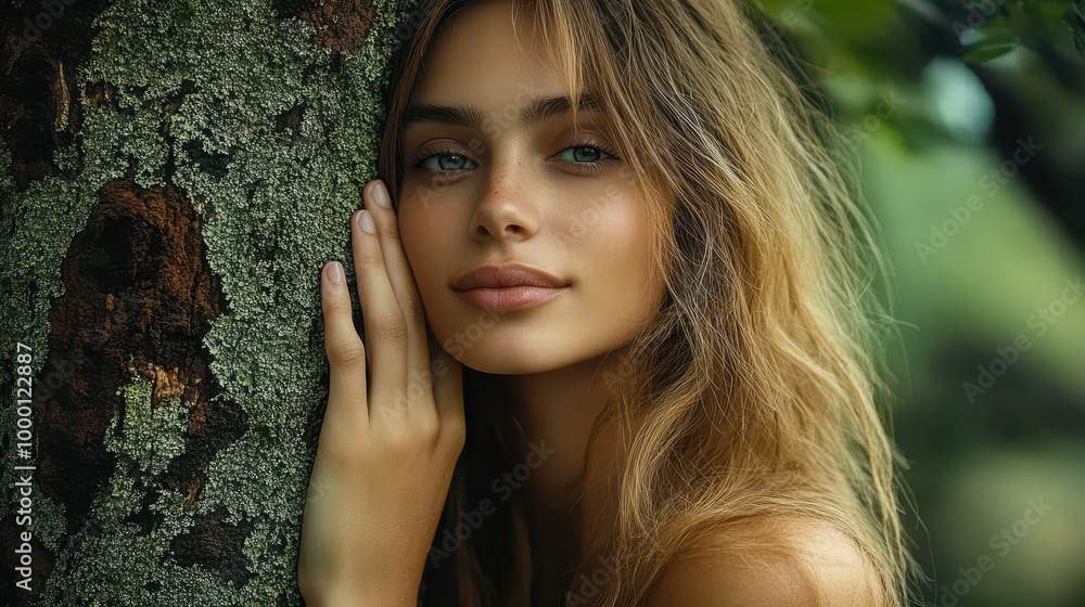 Serene Young Woman Leaning on Moss-Covered Tree in Lush Natural Forest Setting Serene Young Woman Leaning on Moss-Covered Tree in Lush Natural Forest Setting