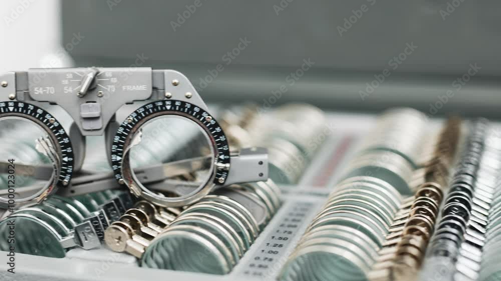 A vision measuring instrument with a trial frame used by optometrists for vision testing and eyewear selection. A vision measuring instrument with a trial frame used by optometrists for vision testing and eyewear selection.