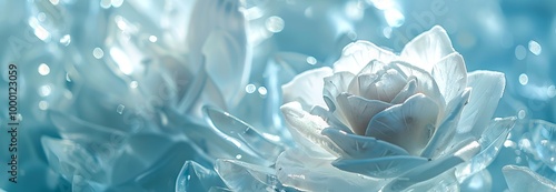 Close-Up of an Ice Rose Covered in Water Droplets Showing Intricate Details and Sparkling Bokeh Background. Copy space. Banner