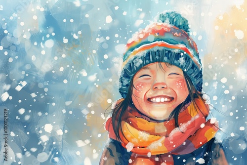 Adorable Child Girl in Colorful Winter Hat and Scarf Smiling Happily. Concept of Joyful Childhood, Winter Fun, Warm Clothing. Watercolor art. Copy space