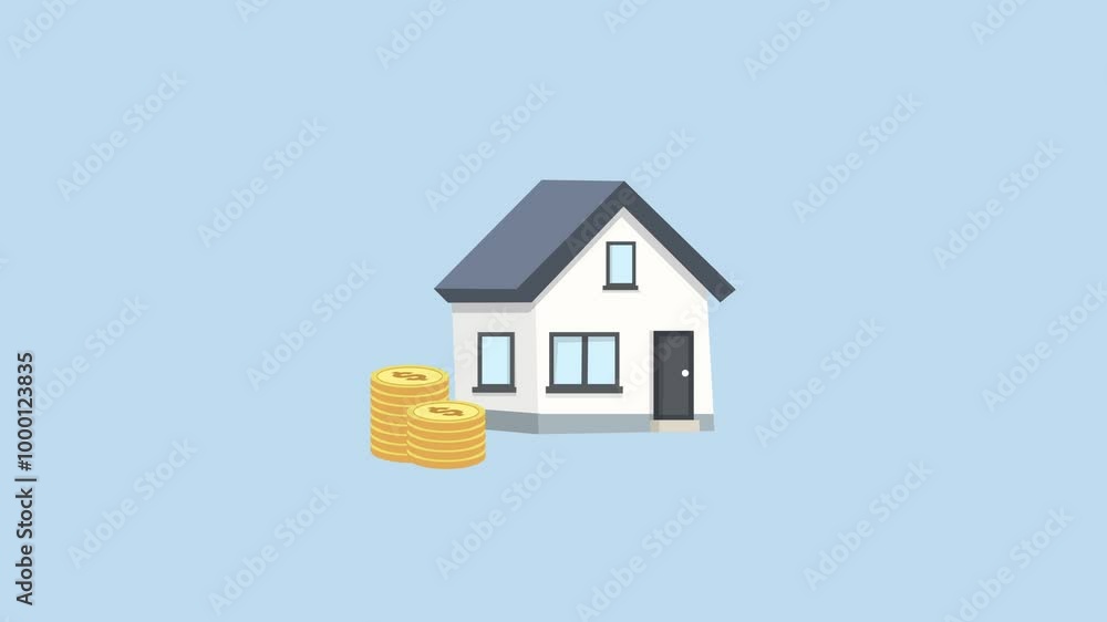 House symbol appearing with coins in the left corner. Buying or selling a house animation. Blue background and pink screen background. House symbol appearing with coins in the left corner. Buying or selling a house animation. Blue background and pink screen background.