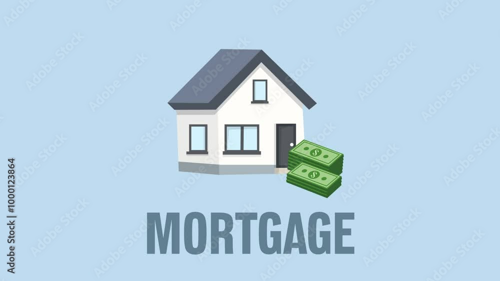 House symbol appearing with a cash stack in the right corner. „Mortgage“ written underneath it. Buying a house themed animation. Blue background and pink screen background. House symbol appearing with a cash stack in the right corner. „Mortgage“ written underneath it. Buying a house themed animation. Blue background and pink screen background.