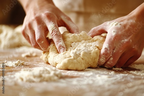 Hands kneading dough on a floured surface in a rustic kitchen setting