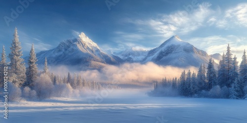 Breathtaking Snow-Covered Mountain Peaks and Frosty Forest in Winter Wonderland Image