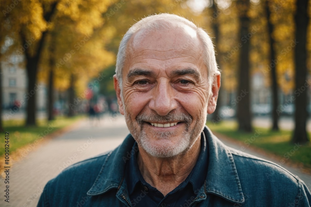 Close portrait of a smiling senior Bulgarian man looking at the camera, Bulgarian outdoors blurred background Close portrait of a smiling senior Bulgarian man looking at the camera, Bulgarian outdoors blurred background