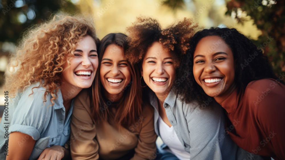 A group of women are happily posing together for a picture and smiling A group of women are happily posing together for a picture and smiling