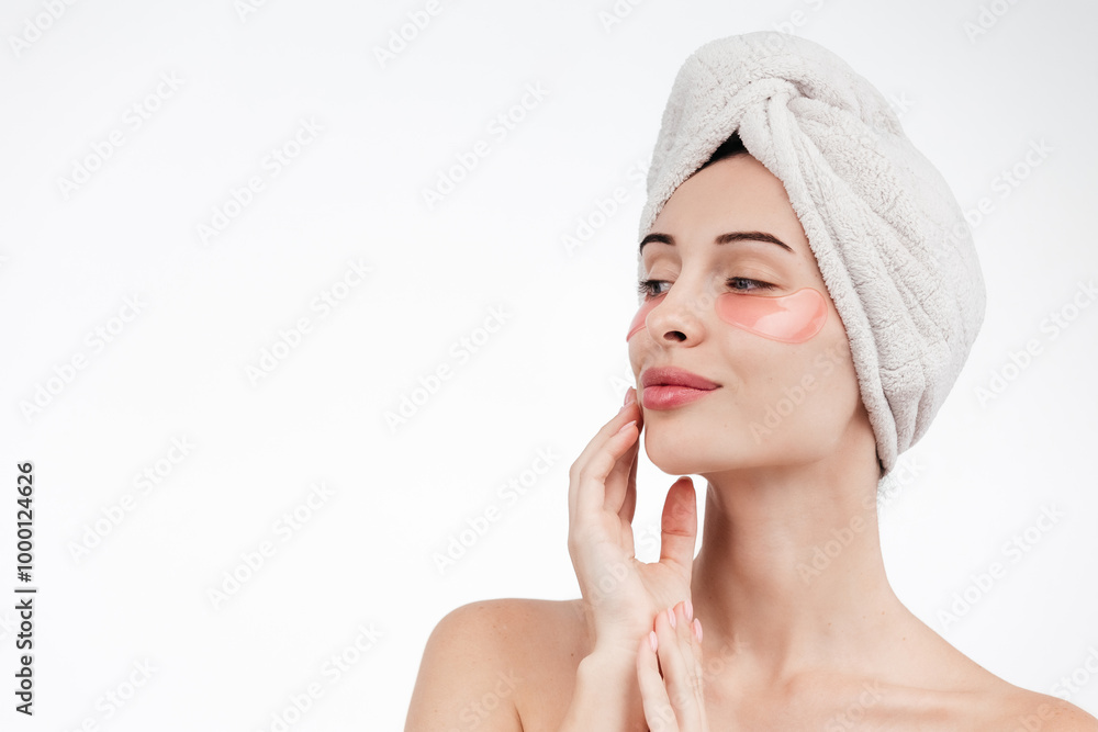 Eye patches, patch under eyes. smiling young girl has collagen golden eye patches on face with towel. Beautiful woman isolated face portrait, banner with mock up copy space Eye patches, patch under eyes. smiling young girl has collagen golden eye patches on face with towel. Beautiful woman isolated face portrait, banner with mock up copy space