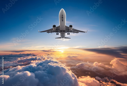 Image of a commercial passenger plane flying above the clouds at sunset. Travel and holiday concept. photo