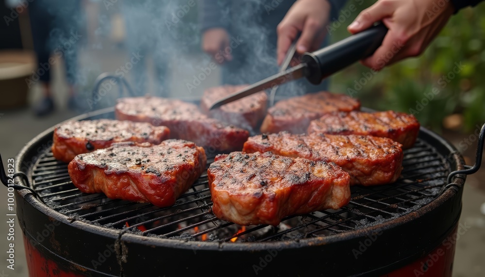  Grilling up a feast with succulent steaks sizzling on the grill