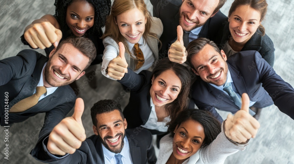 Thumbs up from a happy business team excited about the success they achieve together at work. Overhead view diverse group of corporate people excited by success and give approval to winning Thumbs up from a happy business team excited about the success they achieve together at work. Overhead view diverse group of corporate people excited by success and give approval to winning