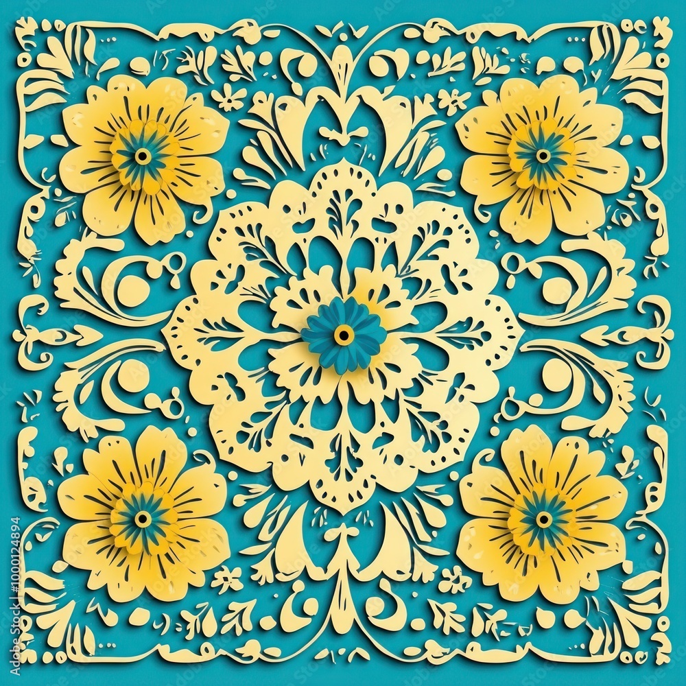 Turquoise Mexican Papel Picado Vector Template with Floral & Geometric Designs Turquoise Mexican Papel Picado Vector Template with Floral & Geometric Designs