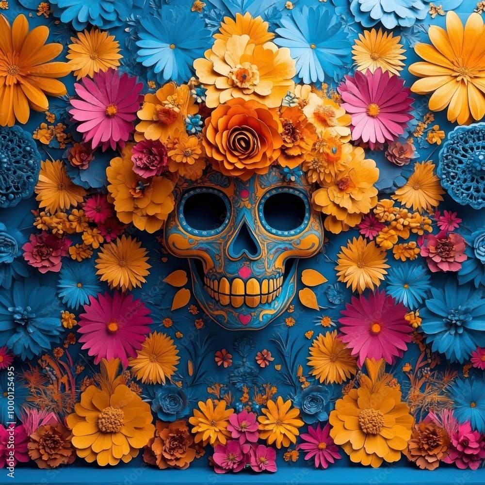 Day of the Dead Altar in Mexico with Sugar Skull, Flowers, and Papel Picado Day of the Dead Altar in Mexico with Sugar Skull, Flowers, and Papel Picado