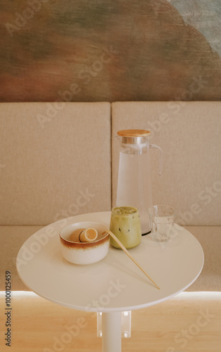 matcha on the table in beautiful coffeeshop in europe 