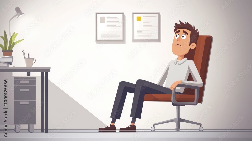 A nervous man sits in a chair at his workplace, overwhelmed by poor time management. A nervous man sits in a chair at his workplace, overwhelmed by poor time management.