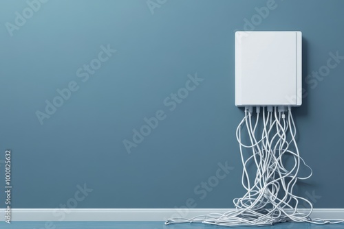 A minimalist wall with a white box emitting tangled cables, set against a simple blue background, highlighting a modern tech aesthetic. photo