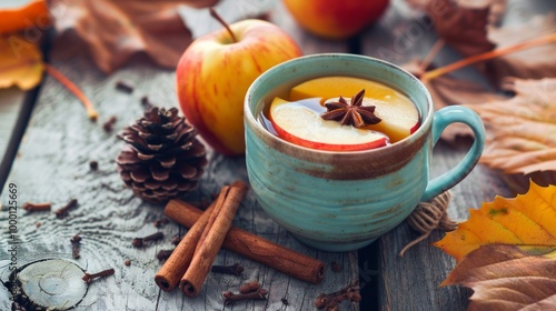 Warm Cup of Hot Apple Cider with Cinnamon Sticks and Autumn Apples on Rustic Wooden Tray, Surrounded by Pine Cones and Fallen Leaves. Concept of Cozy Fall Beverage, Autumn Harvest, Seasonal Comfort