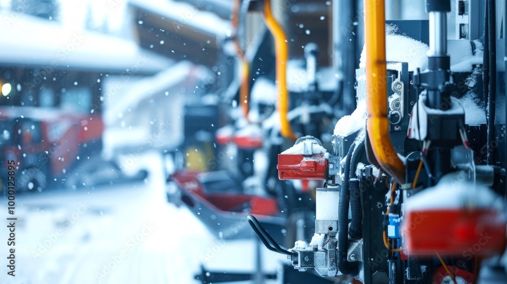 Fototapeta premium Cutting-edge Ski Resort Maintenance Area in Winter Snow. Concept of winter sports infrastructure, ski resort technology, snow grooming operations