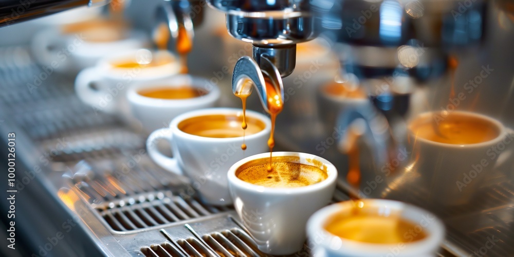 Row of espresso cups being filled by professional coffee machine in a cozy cafe setting