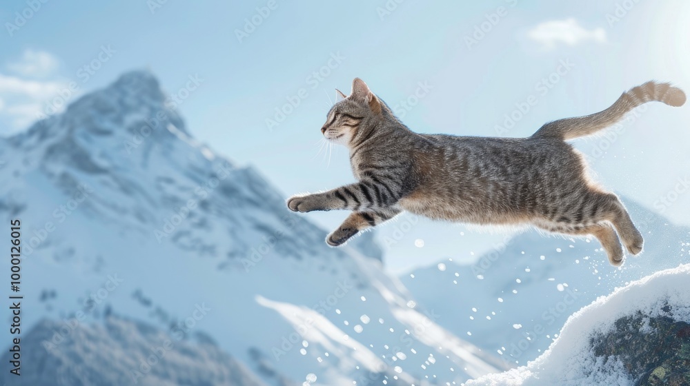 Fluffy Gray Cat Jumping on Snowy Rocky Mountain Peak with Majestic Snow-Covered Mountains in the Background. Concept of Wildlife Adventure, Winter Exploration, and Nature's beauty Fluffy Gray Cat Jumping on Snowy Rocky Mountain Peak with Majestic Snow-Covered Mountains in the Background. Concept of Wildlife Adventure, Winter Exploration, and Nature's beauty