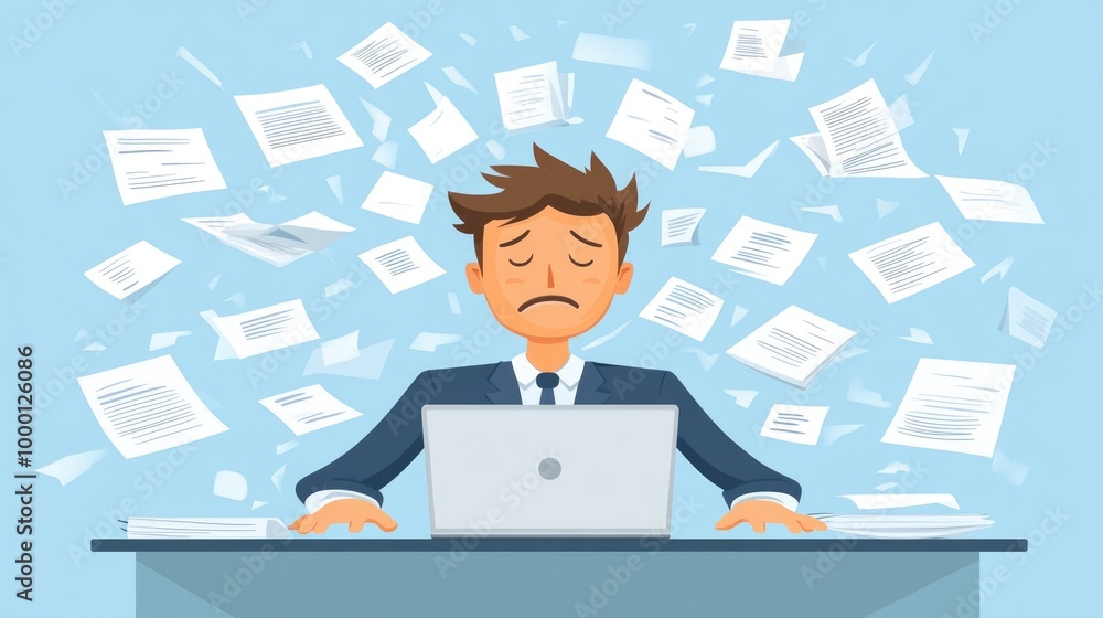 A hard-working entrepreneur sits at his laptop, feeling stressed by the paperwork surrounding him. A hard-working entrepreneur sits at his laptop, feeling stressed by the paperwork surrounding him.