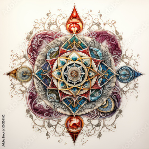 Intricate Geometric Mandala with Vibrant Colors and Detailed Patterns on a Light Background