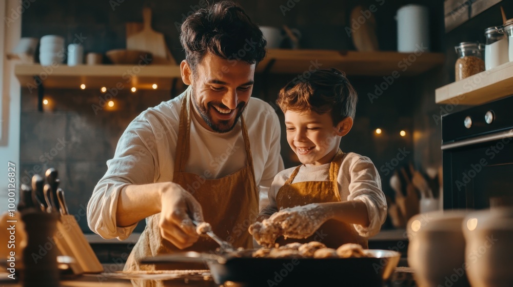Father and son baking together in a cozy kitchen, standing by the oven, smiling as they create a homemade dessert Father and son baking together in a cozy kitchen, standing by the oven, smiling as they create a homemade dessert