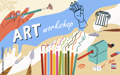 Collage art workshop collage art, vector flat illustration, background. Hand drawing background, design, template, layout.