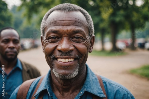 Close portrait of a smiling senior Congolese man looking at the camera, Congolese outdoors blurred background