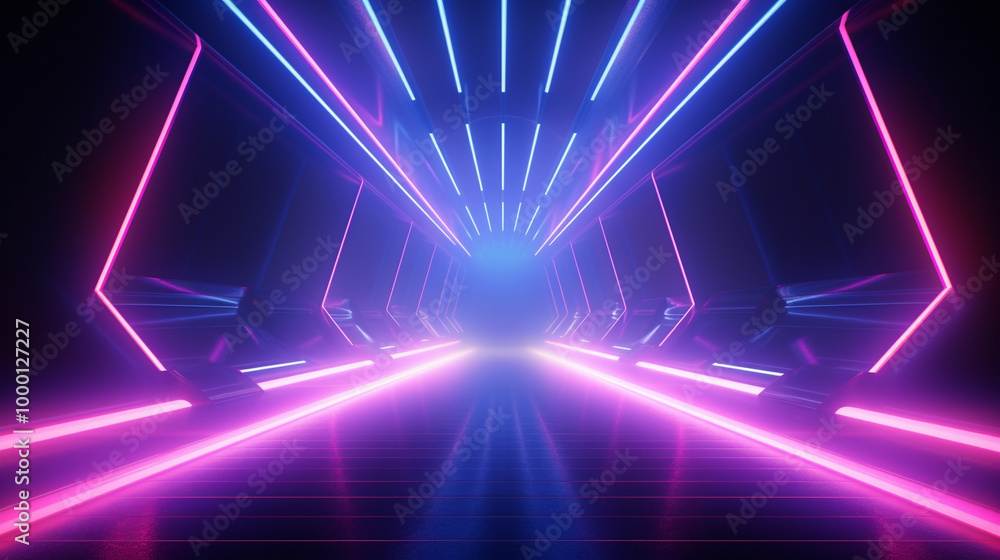 Obraz premium 3D abstract background with neon lights. neon tunnel .space construction