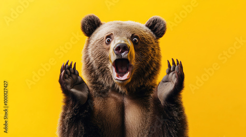 A surprised bear standing against a bright yellow background, midreaction, hands raised in dramatic shock photo