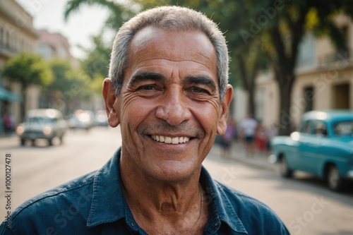 Close portrait of a smiling senior Cuban man looking at the camera, Cuban outdoors blurred background