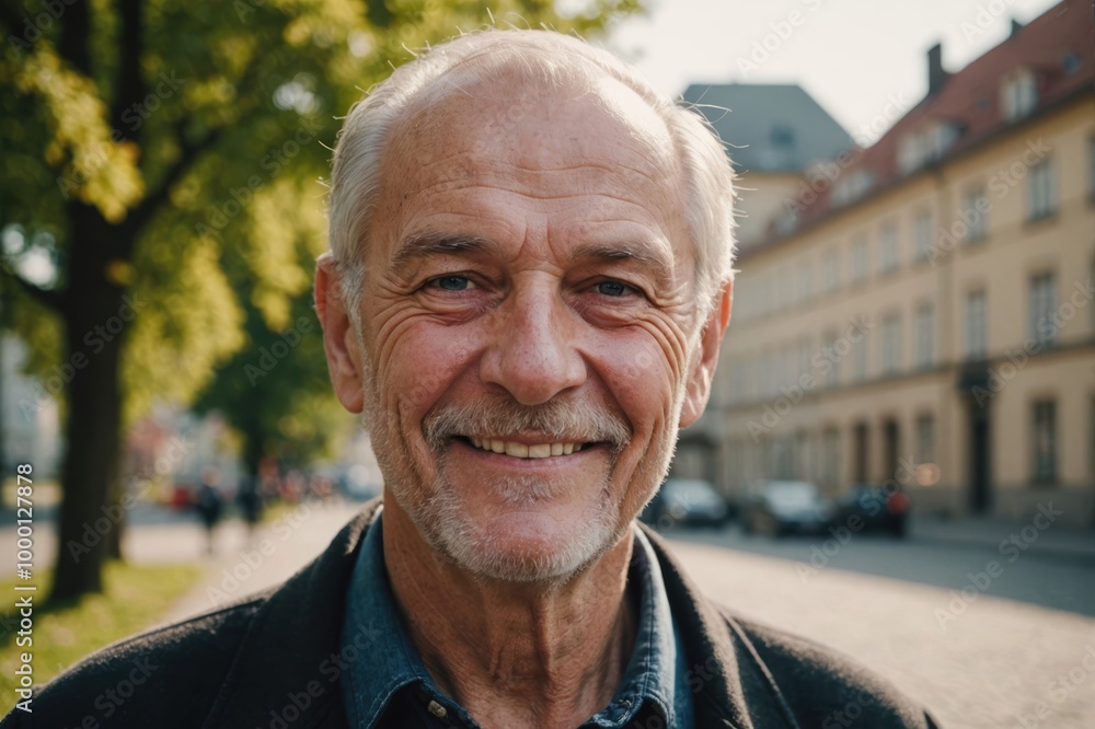 Close portrait of a smiling senior Czech man looking at the camera, Czech outdoors blurred background Close portrait of a smiling senior Czech man looking at the camera, Czech outdoors blurred background
