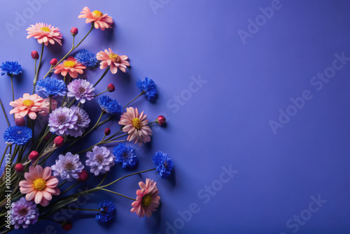 A vibrant bouquet of colorful flowers against a soft purple background, showcasing nature's beauty in a serene arrangement. Generative AI