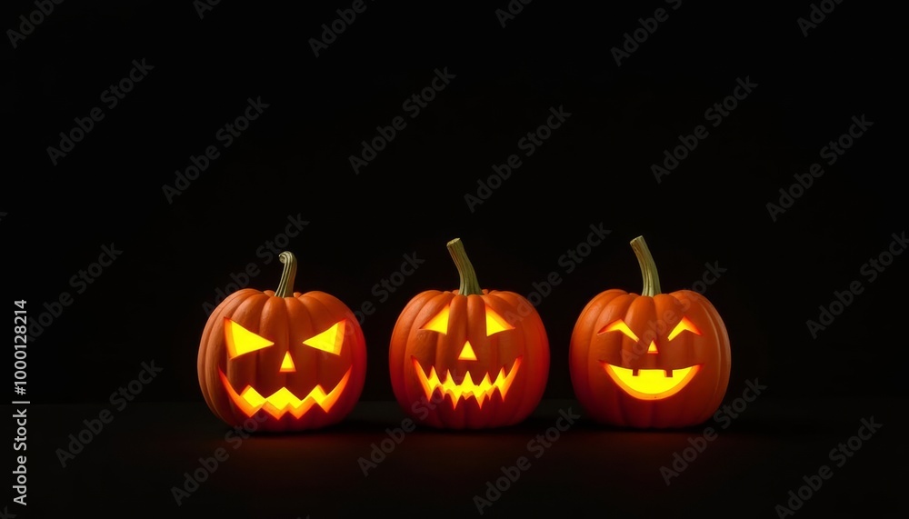 Spooky Halloween pumpkins glowing in the dark Spooky Halloween pumpkins glowing in the dark