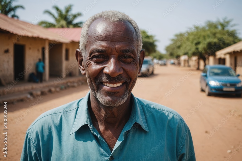 Close portrait of a smiling senior Djiboutian man looking at the camera, Djiboutian outdoors blurred background Close portrait of a smiling senior Djiboutian man looking at the camera, Djiboutian outdoors blurred background