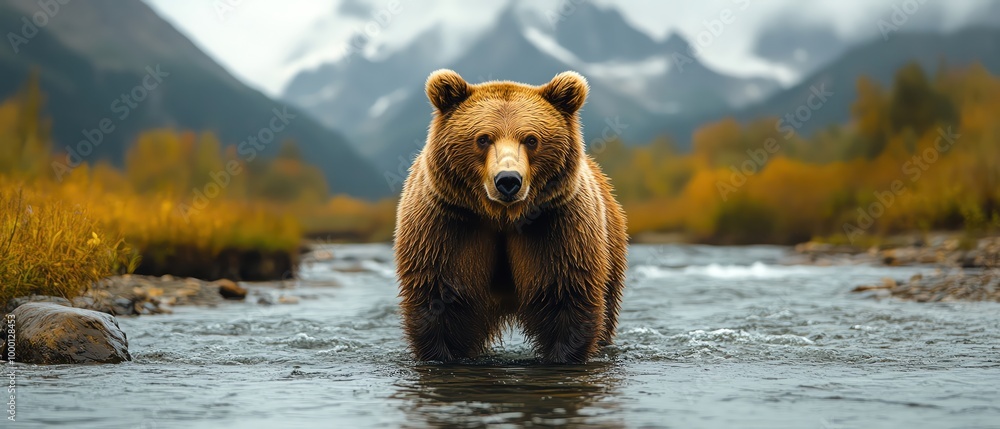 Obraz premium Majestic grizzly bear standing in a serene river, autumn mountains in the background