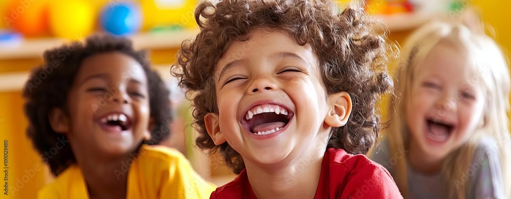 Group of joyful children laughing in a vibrant classroom atmosphere. Group of joyful children laughing in a vibrant classroom atmosphere.