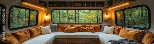 Luxurious camper interior, large windows framing forest view, soft ambient lighting, cozy and inviting