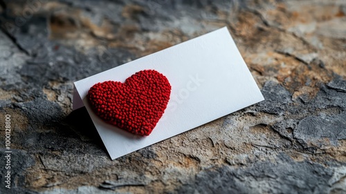 A heartfelt card with a red heart shape on a rustic stone surface.