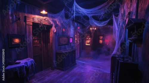 Escape the Haunted House: Creepy Setting with Eerie Lighting, Cobwebs, and Horror Props