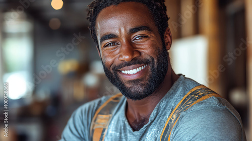 Smiling construction worker in a halfrenovated room, soft daylight, warm and friendly