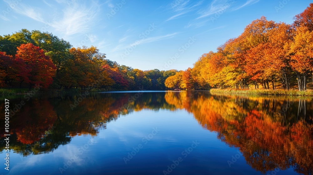 Autumn landscape with vibrant foliage reflecting on calm lake Autumn landscape with vibrant foliage reflecting on calm lake