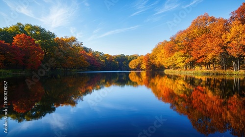 Autumn landscape with vibrant foliage reflecting on calm lake