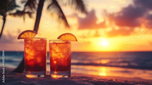 Two cocktails on a beach with palm trees in the background during sunset