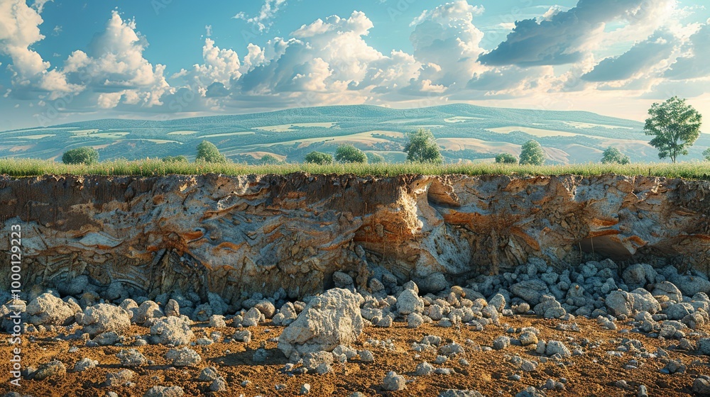 Realistic photo of soil erosion in an agricultural setting with exposed ...