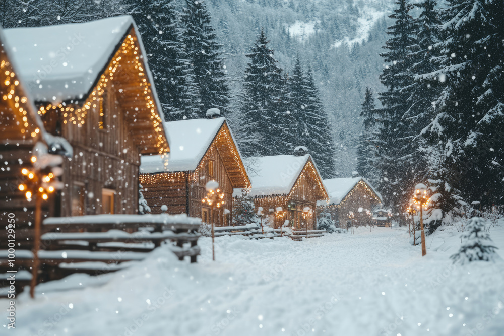 Fototapeta premium Winter village covered in snow, with cozy wooden cabins adorned in glowing lights